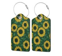 Confezione da 2 etichette per bagagli in pelle con girasoli gialli su sfondo verde, con linguetta per la privacy, etichetta identificativa con nome e anello in metallo, per donne e uomini, da viaggio
