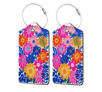 Confezione da 2 etichette per bagagli in pelle con vari fiori nel giardino con linguetta per la privacy e anello in metallo, per donne e uomini, da viaggio