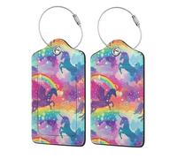 Confezione da 2 etichette per bagagli in pelle PU, arcobaleno con unicorno alato, etichetta con anello in acciaio inossidabile per valigie, timbro da viaggio per bagagli di donne e ragazze, borsa da