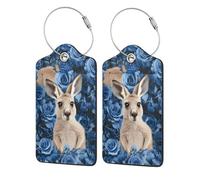Confezione da 2 etichette per bagagli in pelle PU, canguro tra rose blu, etichetta con anello in acciaio inossidabile per valigie, timbro da viaggio per borse e valigie da donna e ragazza.