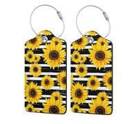 Confezione da 2 etichette per bagagli in pelle PU, con motivo girasole a righe nere e anello in acciaio inossidabile bianco, etichette da viaggio per valigie, etichette per bagagli da viaggio per don