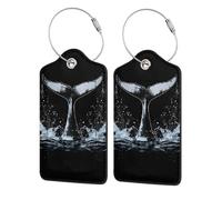 Confezione da 2 etichette per bagagli in pelle PU, etichetta con anello in acciaio inossidabile a forma di coda di balena che schizza acqua per valigie, etichetta da viaggio per borse e valigie da do
