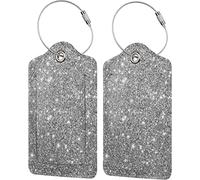 Confezione da 2 etichette per bagagli per valigia, etichette identificative in pelle con scintillii glitter argento con passante in acciaio inossidabile per la privacy per donne e ragazze, borsa da v