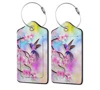 Confezione da 2 etichette per bagagli per valigie, fiori di ciliegio, colibrì, etichette identificative con nome e indirizzo e anello in acciaio resistente, per donne/uomini, da viaggio