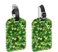 Confezione da 2 etichette per bagagli per valigie, senza cuciture, motivo a cuori verdi, copertura per la privacy, etichette identificative in pelle per borse da viaggio