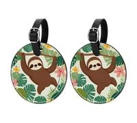 Confezione da 2 etichette rotonde per bagagli con bradipo che si arrampicano su alberi in pelle ecologica in poliuretano, accessori da viaggio, set di targhette identificative per bagagli a mano e