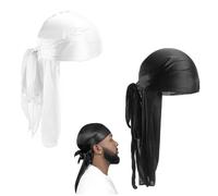 Confezione da 2 Fasce Lunghe Silky Durag Cappello da Uomo Soft Pirate Durag, Cappuccio Elastico Waves Unisex con Code Lunghe e Cinghie Larghe Cappello Durag Pirate Hat Traspirante per Donna Uomo