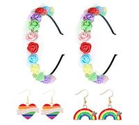 Confezione da 2 Fasce per Capelli con Fiori Arcobaleno con 2 Paia di Orecchini Arcobaleno, Copricapo Floreale, Accessori Moda per Donna, Vestito da Festa Pride, Copricapo con Fiori Arcobaleno