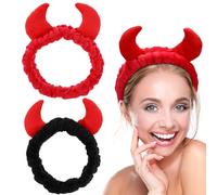 Confezione da 2 fasce per capelli da donna, con corna da diavolo, per lavare il viso e il trucco, fascia morbida per capelli (nero)