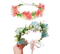 Confezione da 2 fasce regolabili per capelli con nastri, corone floreali e ghirlande per capelli, per donne e spose, accessori per la foresta incantata (blu e rosa, 1)