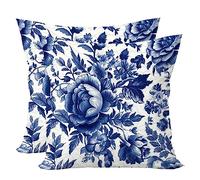 Confezione da 2 federe per cuscini stile Hamptons, 61 x 61 cm, in porcellana blu e bianca, decorazione floreale per interni ed esterni, per casa colonica