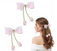 Confezione da 2 fermagli per capelli con fiocco a tulipano, per donne e ragazze, fermagli rosa a nastro lungo con coda di tulipano, forte clip francese antiscivolo, grandi accessori per capelli con
