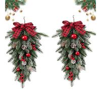 Confezione da 2 festoni natalizi a goccia, in pino artificiale da 59,9 cm, con fiocco, bacche rosse e pigne, aghi di pino invernale, festoni di cedro verde, per decorazioni natalizie (2 pezzi)