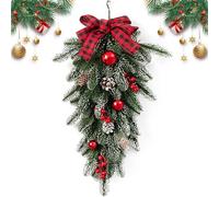 Confezione da 2 festoni natalizi a goccia, in pino artificiale da 59,9 cm, con fiocco, bacche rosse e pigna, aghi di pino invernale, festoni di cedro verde, per decorazioni natalizie (1 pezzo)