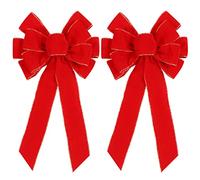 Confezione da 2 fiocchi natalizi rossi per esterni, 30,5 x 50,8 cm, grandi fiocchi per albero di Natale, in velluto con bordo dorato glitterato, per decorazioni natalizie per la casa e la porta