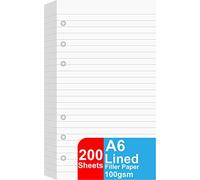 Confezione da 2 fogli di carta a righe formato A6, 200 fogli/400 pagine sfuse per raccoglitori personali Filofax, 6 fori, pagine bianche a righe da 100 g/m², 9,5 x 17,1 mm