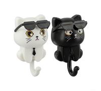Confezione da 2 ganci da parete a forma di testa di gatto con occhiali da sole, ganci in plastica senza tracce per cappotti e asciugamani, per camera da letto, bagno, ingresso (8,5 x 4,5 cm, bianco