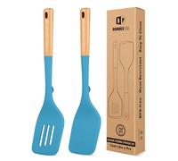 Confezione da 2 grandi spatole in silicone, resistenti al calore, spatola a fessura antiaderente con manico in legno, utensili da cucina ideali per flettere, pancake, uova, pesce (blu)