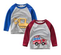 Confezione da 2 magliette a maniche lunghe per bambini, con dinosauro, 100% cotone, per escavatori, per 2, 3, 4, 5, 6, 7 anni blu e rosso. 5 Anni