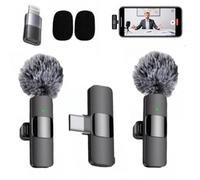 Confezione da 2 microfoni lavalier wireless per telefono, mini microfono plug & play con riduzione del rumore per registrazione TikTok, podcast e ASMR (nero, USB-C + convertitore peloso)