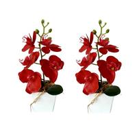 Confezione da 2 orchidee artificiali con vaso, 25,4 cm, bonsai, fiori di seta, orchidea farfalla, con vaso, per matrimoni, ufficio, casa, centrotavola per interni (rosso)