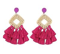 Confezione da 2 orecchini classici in rattan bohémien, geometrici, fatti a mano, a cerchio, alla moda, attraenti, per donne e ragazze, colore rosso rosa, codice medio, average code, Plastica, come