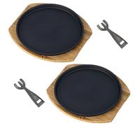 Confezione da 2 piatti rotondi in ferro con vassoio in legno e clip resistenti al calore, piastre per barbecue teppanyaki per fajitas, facili da pulire, finitura antiaderente