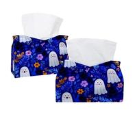 Confezione da 2 porta fazzoletti, graziosi fantasmi e fiori di Halloween su sfondo blu, rettangolare, dispenser per fazzoletti per il viso, per camera da letto, bagno, ufficio casa
