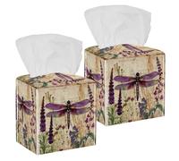 Confezione da 2 porta fazzoletti, viola libellula, fiori di campo, erbe floreali, motivo antico, quadrato, dispenser per fazzoletti per il viso, camera da letto, bagno, tavolo, ufficio, auto