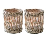 Confezione da 2 portacandele in vimini intrecciato, portacandele votivi decorativi fatti a mano, portacandele votivi rustici vintage in vetro di alga marina, per tavolo da pranzo, cucina, vassoio da