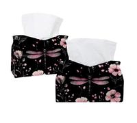 Confezione da 2 portatovaglioli estetici con libellula e fiori rosa, sfondo nero, rettangolari, dispenser per fazzoletti per il viso, per camera da letto, bagno, ufficio, casa