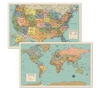 Confezione da 2 poster con mappa del mondo e mappa degli Stati Uniti [marrone/colore] (laminato, 45,7 x 73,7 cm).