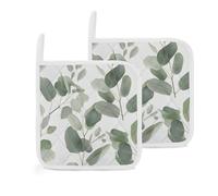 Confezione da 2 presine con foglie di eucalipto, resistenti al calore, spessi cuscinetti caldi con anello antiscivolo, set di presine quadrate per cucina, cucina, forno, barbecue, 20 x 20 cm