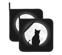 Confezione da 2 presine per cucina, motivo gatto nero di Halloween, resistenti al calore, con tasche ad anello per appenderle, per forno, microonde, per cucinare, campeggio, cottura