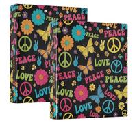 Confezione da 2 raccoglitori ad anelli retrò, motivo fiori della pace, neri, con tasche, grandi, per scuola, università, ufficio