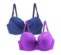 Confezione da 2 reggiseni da donna in pizzo con spalline regolabili, set di reggiseni morbidi e resistenti con scollo a V, imbottiti, taglie grandi, Blu scuro, 90E