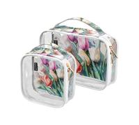 Confezione da 2 sacchetti da toilette da uomo con sfondo bianco con tulipani di diversi colori disordinati organizzati in modo disordinato trasparenti decorativi da uomo borse da toilette TSA
