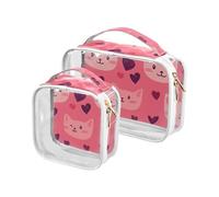 Confezione da 2 sacchetti da toilette trasparenti Happy Valentine's Day Heart Cartoon Cat rosa piccola TSA approvato multifunzionale viaggio trucco borsa essenziale da barba