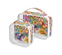 Confezione da 2 sacchetti trasparenti per il trucco con fiori e farfalle dai colori vivaci per le donne approvato TSA impermeabile piccola borsa cosmetica essenziale da viaggio, Farfalle di fiori dai