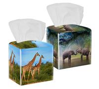 Confezione da 2 scatole di fazzoletti, due elefanti che giocano nella foresta acquatica, in pelle PU, quadrate, per bagno, comò, tavolo, piano di lavoro, comodino, ufficio, auto