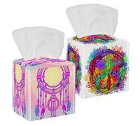 Confezione da 2 scatole di fazzoletti, motivo hippie con simbolo della pace con piume, in pelle PU, quadrate, per bagno, comò, tavolo, piano di lavoro, comodino, ufficio, auto