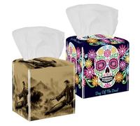 Confezione da 2 scatole di fazzoletti, motivo teschio di zucchero, fiori e giorno dei morti, in pelle PU, quadrate, per bagno, comò, tavolo, bancone, comodino, ufficio, auto