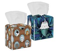 Confezione da 2 scatole per fazzoletti, divertenti gatti, unicorni e sirene, in pelle PU, quadrate, per bagno, comò, tavolo, bancone, comodino, ufficio, auto