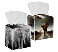Confezione da 2 scatole per fazzoletti, elefante che cammina sulla strada, in pelle PU, quadrate, per bagno, comò, tavolo, piano di lavoro, comodino, ufficio, auto