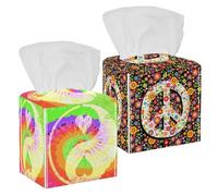 Confezione da 2 scatole per fazzoletti, motivo fiori hippie, simbolo della pace, in pelle PU, quadrate, per bagno, comò, tavolo, piano di lavoro, comodino, ufficio, auto