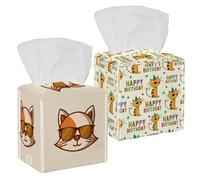 Confezione da 2 scatole per fazzoletti, motivo gatto in stile cartone animato e buon compleanno, in pelle PU, quadrate, per bagno, comò, tavolo, piano di lavoro, comodino, ufficio, auto