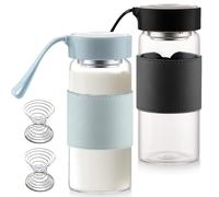 Confezione da 2 shaker in vetro di alta qualità, 500 ml, shaker per proteine senza BPA, shaker per proteine sostenibili in vetro, neutro e antigoccia, per proteine e sport (blu e nero)