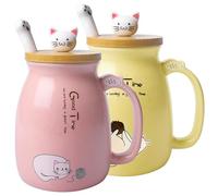 Confezione da 2 simpatici bicchieri per gatti, in ceramica, con coperchio Kawaii e cucchiaio, set di tazze da caffè per gatti e ragazze (giallo + rosa)