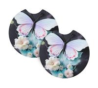 Confezione da 2 sottobicchieri per auto con stampa a farfalla, colore bianco, 6,9 cm, con tacca per le dita, per donne e uomini