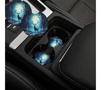 Confezione da 2 sottobicchieri per auto con tacca per le dita, sottobicchieri per auto con cervo chiaro di luna, 6,9 cm, universali, con inserto automatico, assorbenti, antiscivolo, accessori interni